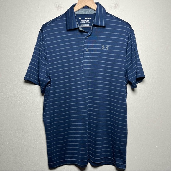 Under Armor Men‎ Playoff Polo Shirt Medium Navy Blue Stripe Short Sleeve Golf - Picture 1 of 12